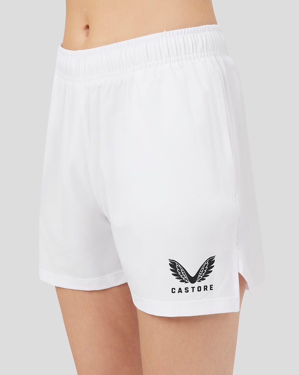 White active training shorts with elastic waistband zip pockets and Castore logo on the leg