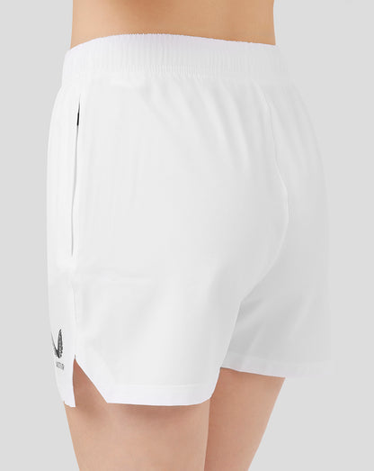 Back view of white active training shorts with elastic waistband and leg slit