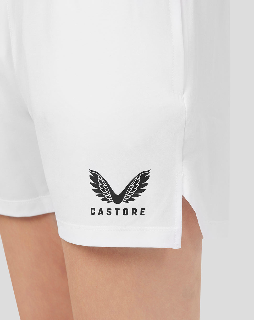 Close up of white Active Training Shorts hem displaying Castore logo
