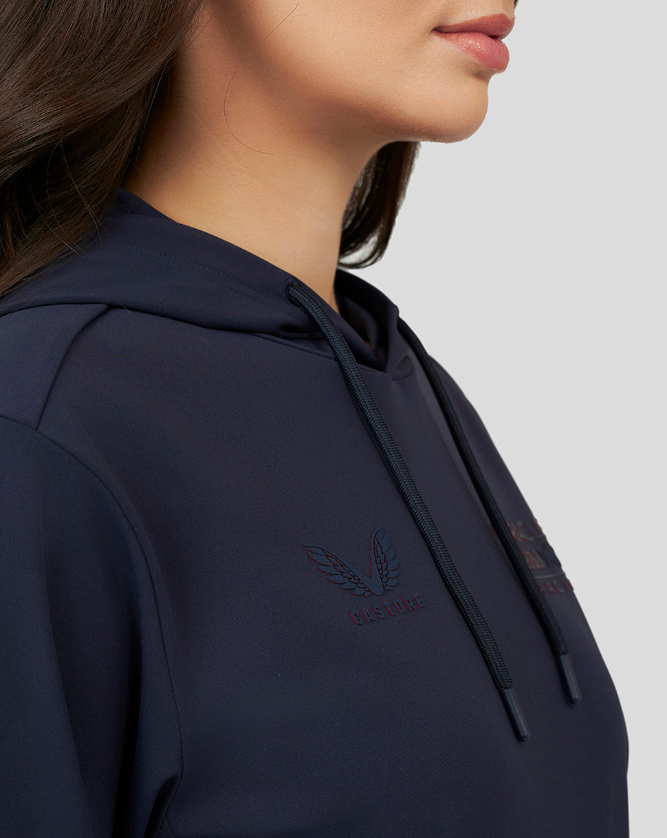 Close-up of the navy hoodie chest area with a high-build Oracle Red Bull Racing logo embroidery.