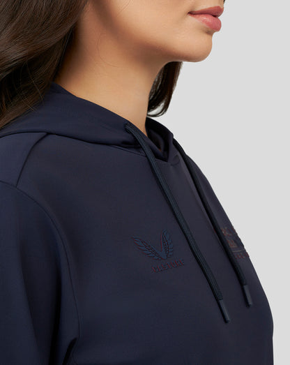 Close-up of the navy hoodie chest area with a high-build Oracle Red Bull Racing logo embroidery.