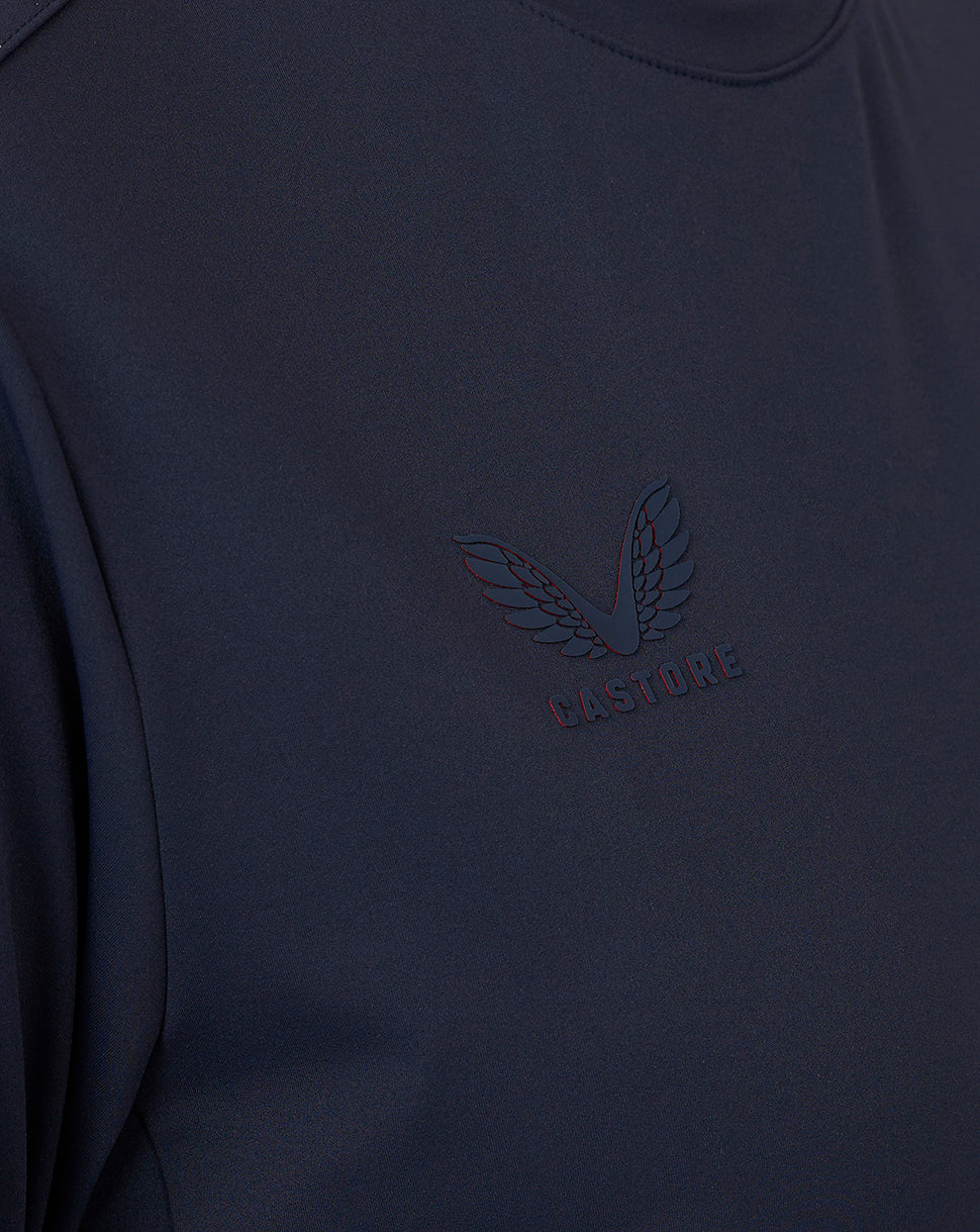 Navy stretch sweat top with an embossed wing logo and Castore branding on the chest.