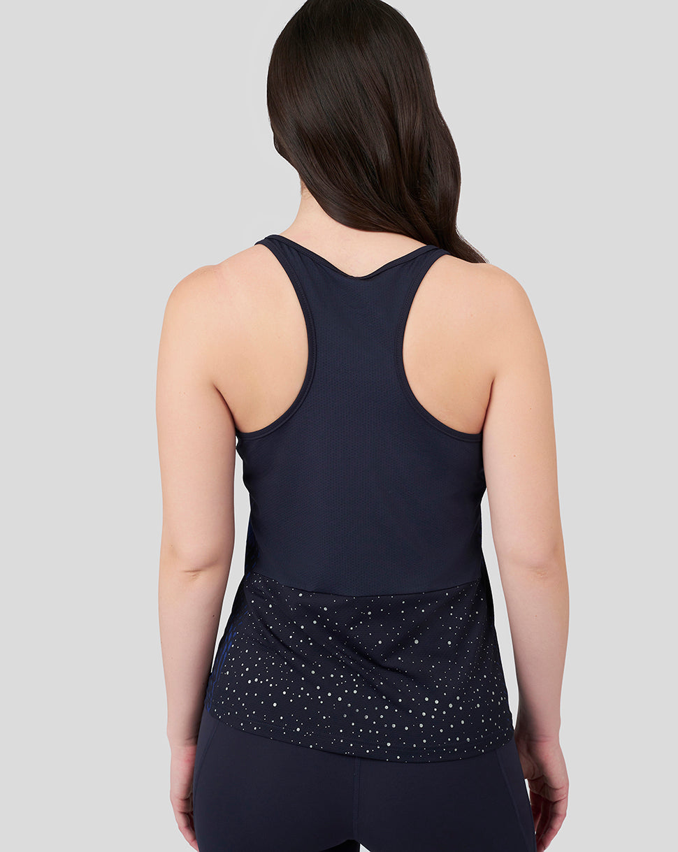 Back view of navy Oracle Red Bull Racing women's tank top Night Sky featuring a dotted star pattern at the lower back