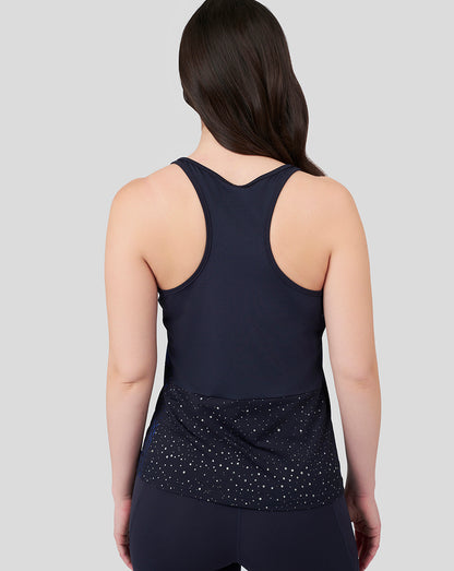 Back view of navy Oracle Red Bull Racing women's tank top Night Sky featuring a dotted star pattern at the lower back
