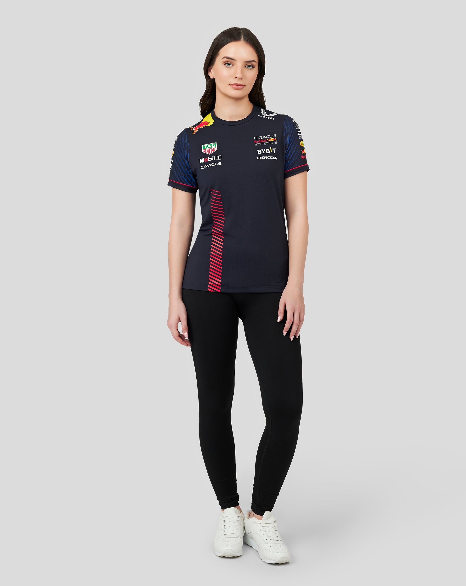 Model wearing Oracle Red Bull Racing Set Up T Shirt Night Sky with sponsor logos