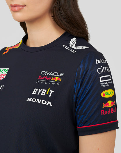 Close up of navy Set Up T Shirt shoulder with sponsor patches and Red Bull branding on the chest area