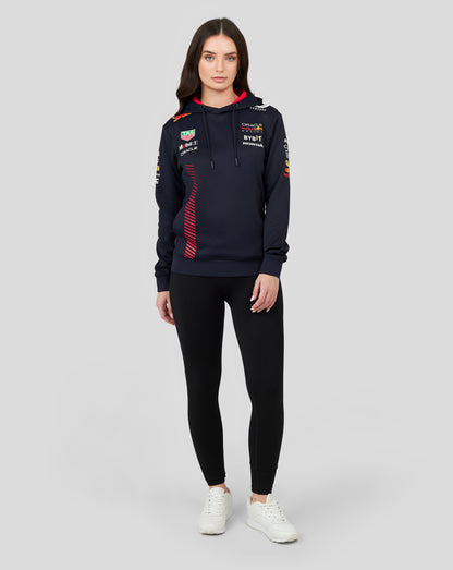 Front view of navy Red Bull Racing hoodie displaying sponsor logos on the chest and a Red Bull emblem on the shoulder