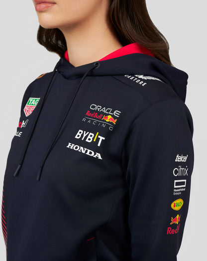Close-up of a navy Red Bull Racing hoodie sleeve showing sponsor logos such as Telcel and Citrix