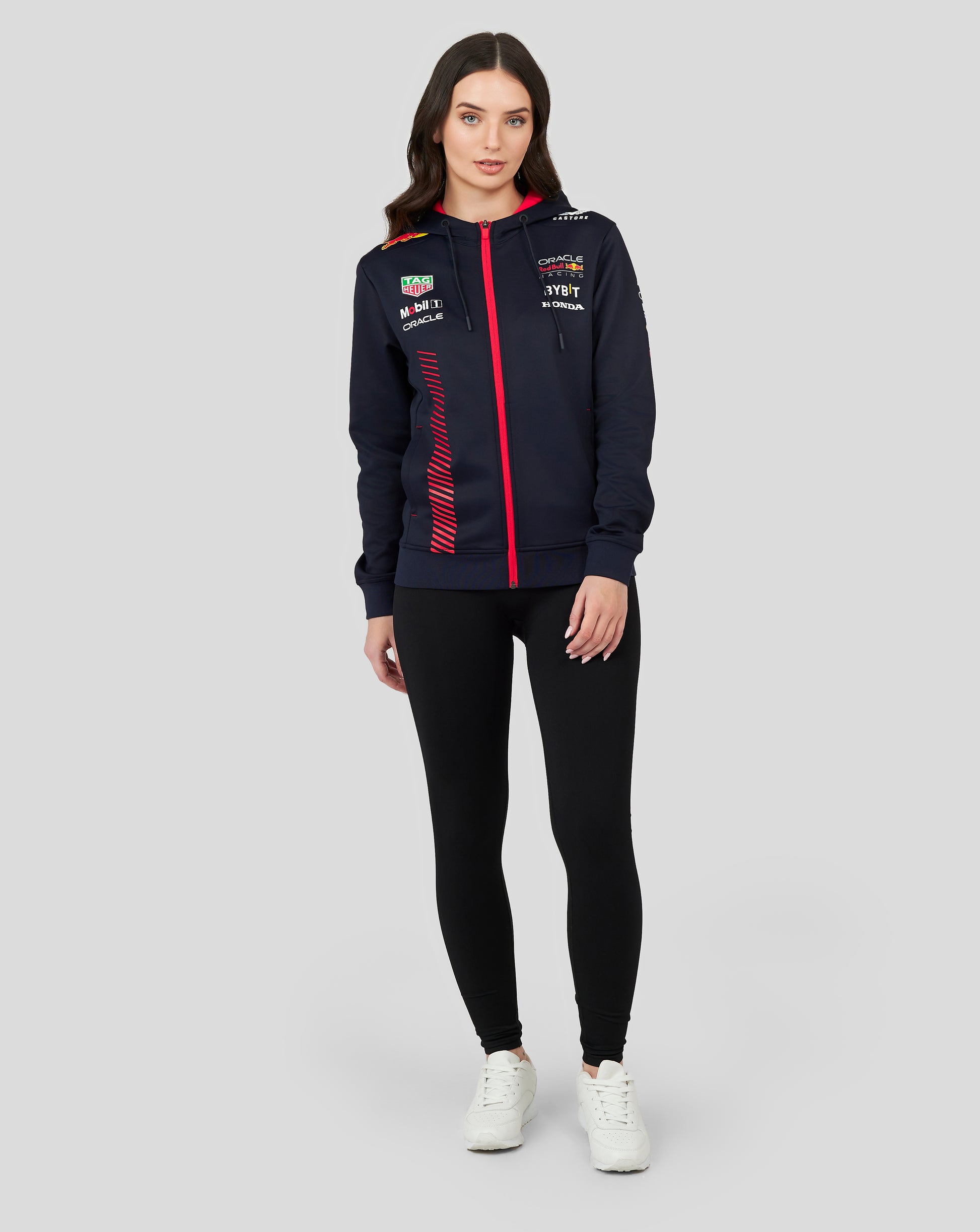 Front view of navy night sky hoodie featuring red zipper and stacked sponsor logos on the chest