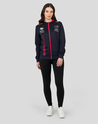 Front view of navy night sky hoodie featuring red zipper and stacked sponsor logos on the chest