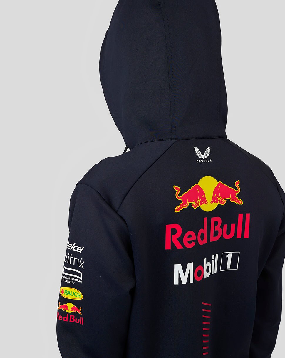 Back view of navy night sky hoodie with large Red Bull logo and sponsor graphics on the back