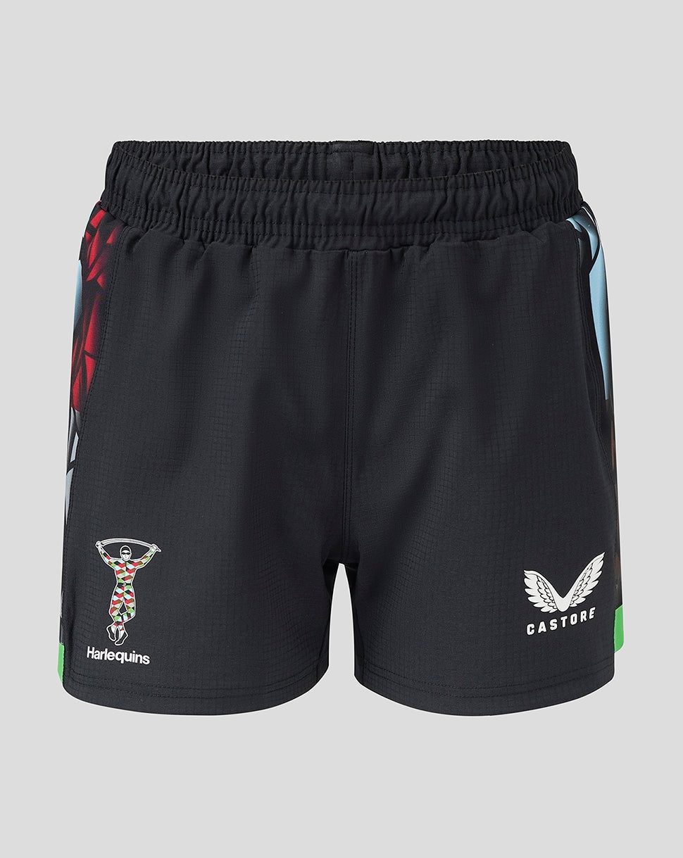 Harlequins women's black Big Game shorts with printed side panels club crest and Castore branding.