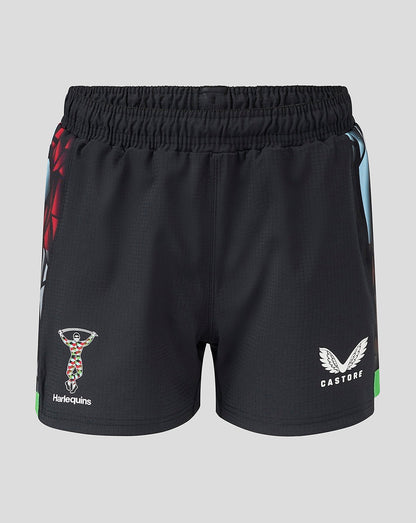 Harlequins women's black Big Game shorts with printed side panels club crest and Castore branding.