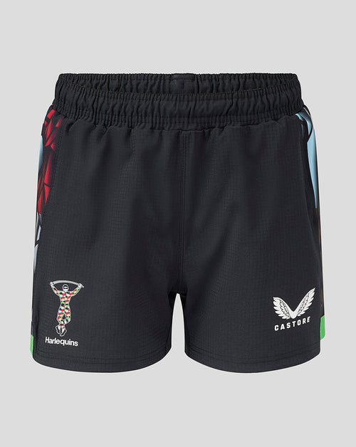 Harlequins women's black Big Game shorts with printed side panels club crest and Castore branding.