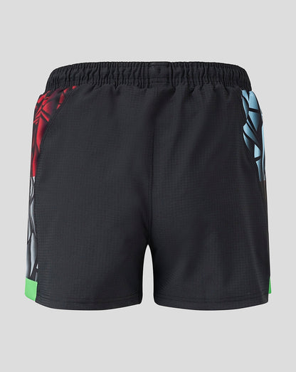 Harlequins Big Game Shorts back view with bold side panels and bright green hem