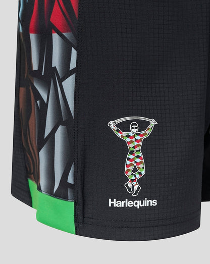 Harlequins Big Game Shorts close up in black with a colorful side panel and club crest on the leg