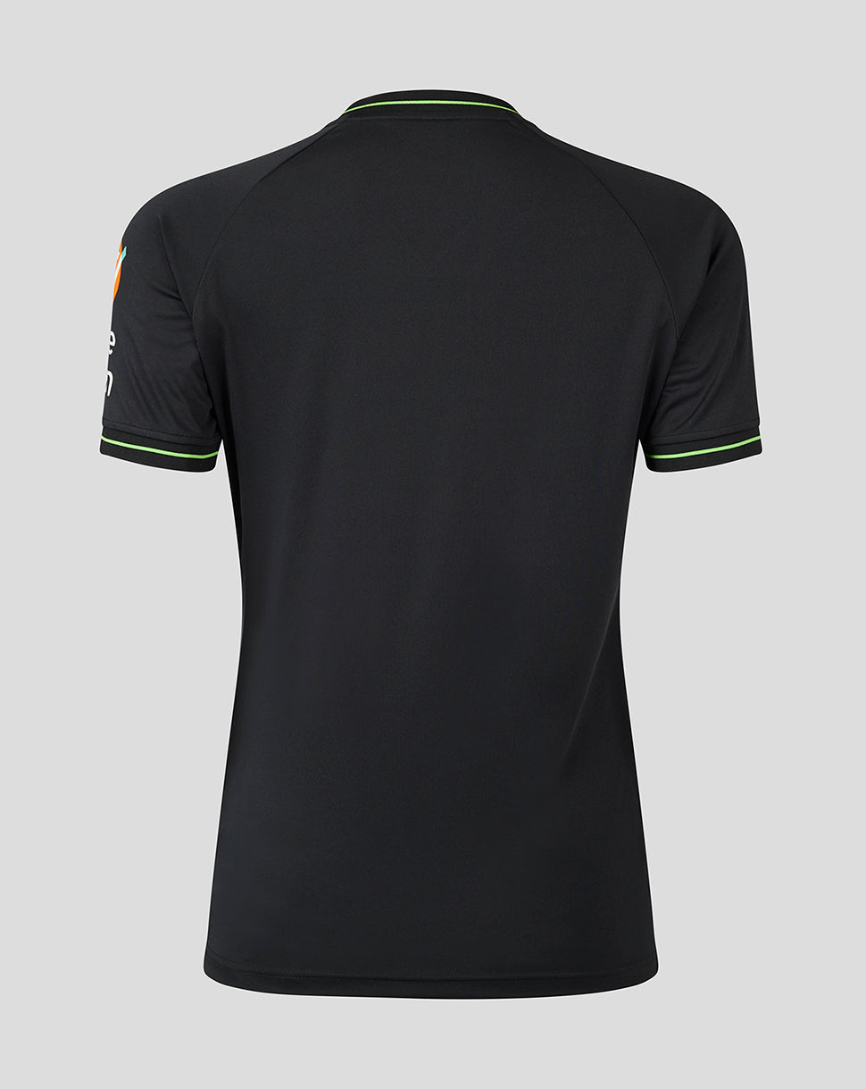 Back view of the Aston Villa women’s goalkeeper home shirt in black with neon green trim on the collar and cuffs.