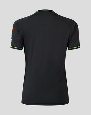 Back view of the Aston Villa women’s goalkeeper home shirt in black with neon green trim on the collar and cuffs.