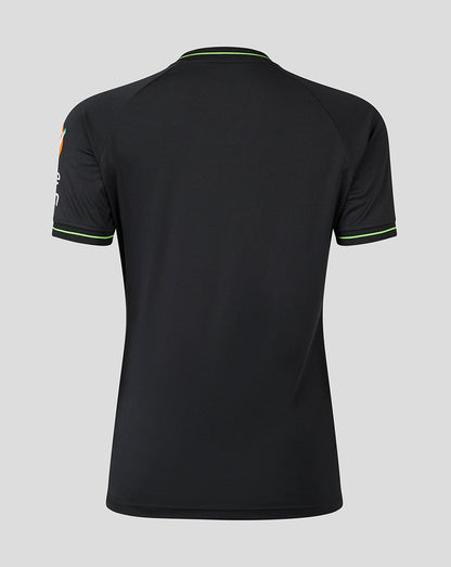 Back view of the Aston Villa women’s goalkeeper home shirt in black with neon green trim on the collar and cuffs.