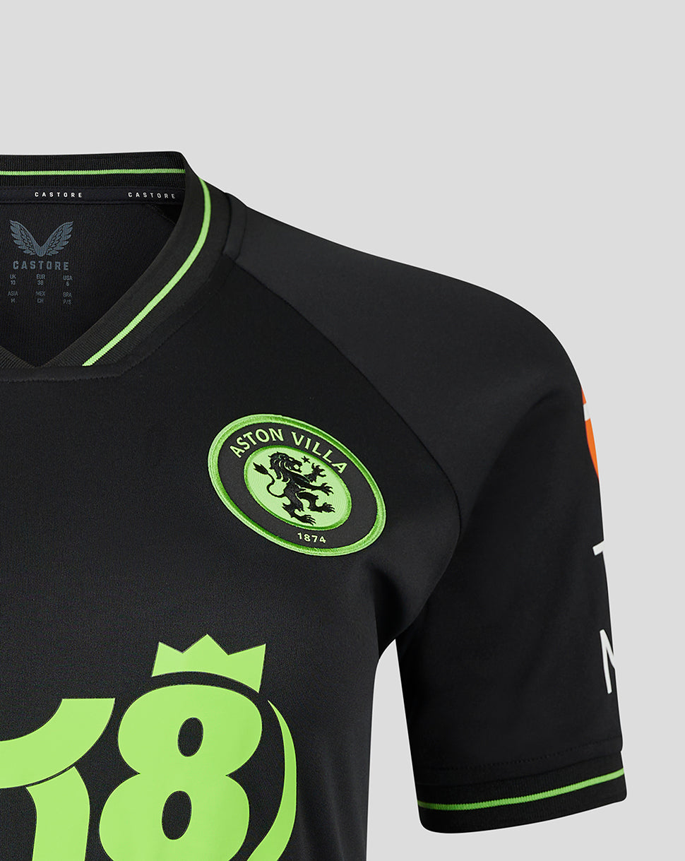 Aston Villa women's goalkeeper shirt in black with a neon green club crest on the chest and a bright BK8 graphic.