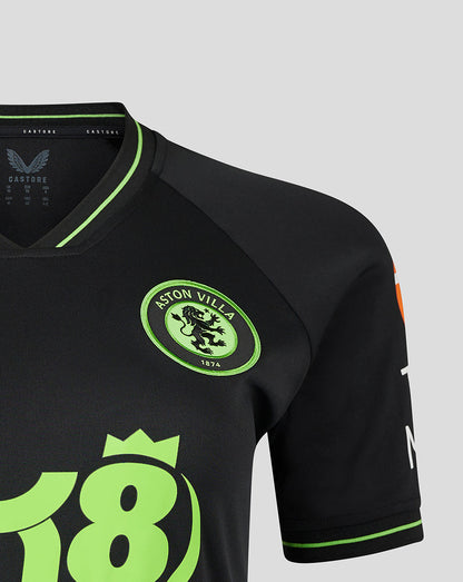Aston Villa women's goalkeeper shirt in black with a neon green club crest on the chest and a bright BK8 graphic.