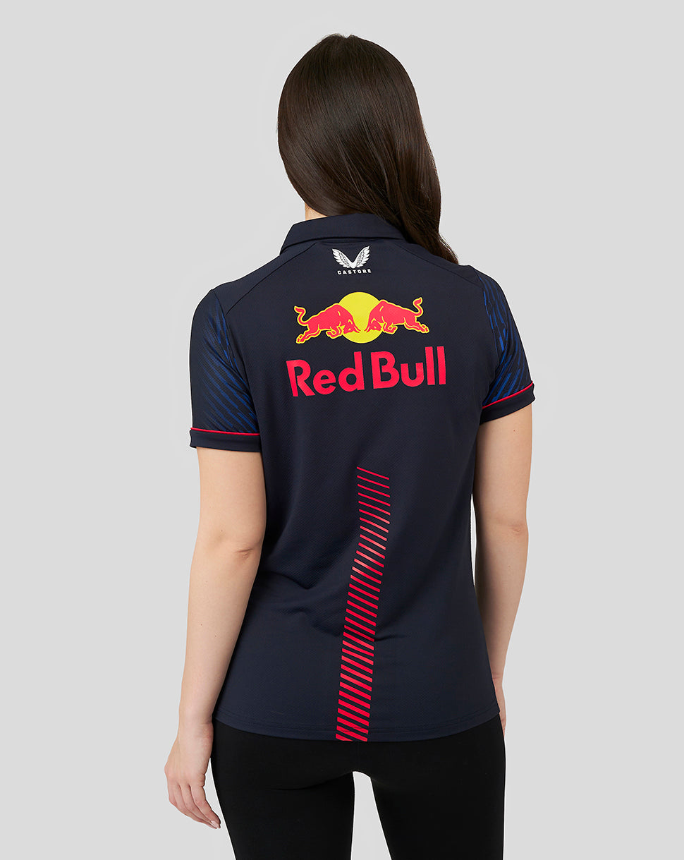 Back view of navy Red Bull Racing polo showing a large Red Bull logo across the upper back.
