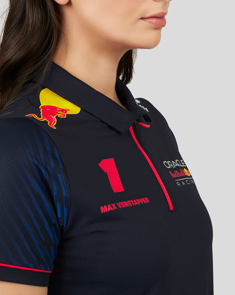 Navy Oracle Red Bull Racing polo with Verstappen number 1 name, sponsor logos, and a yellow Red Bull emblem on the collar