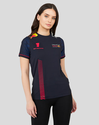 Woman wearing navy Oracle Red Bull Racing T shirt featuring Max Verstappen name and number 1.