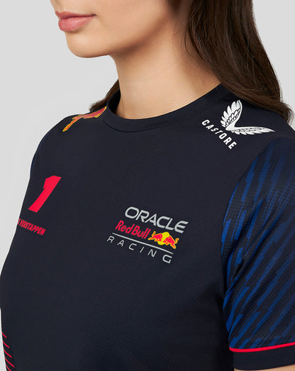 Navy Oracle Red Bull Racing women's T shirt showing Max Verstappen number 1 and a yellow bull graphic on the shoulder