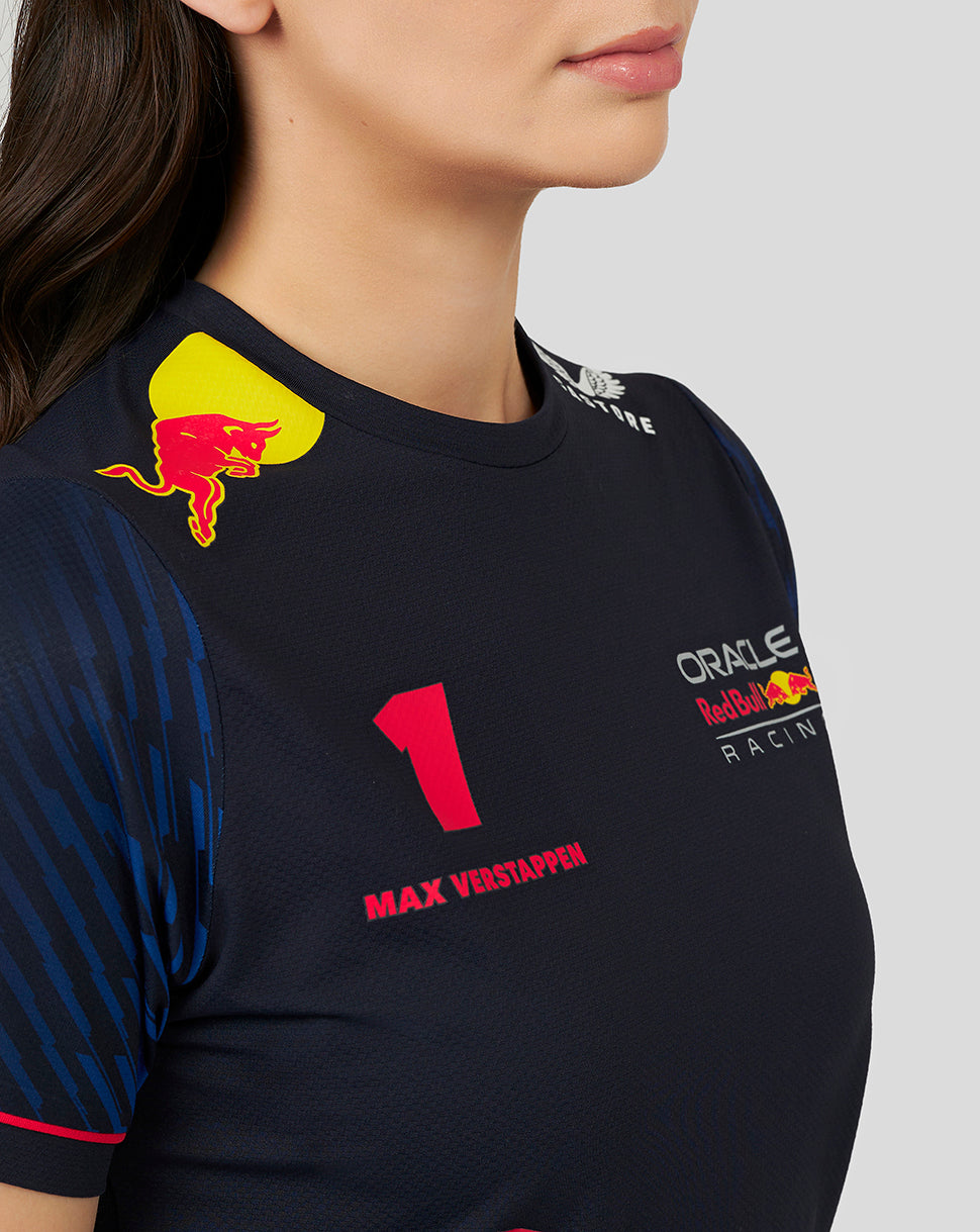 Navy Oracle Red Bull Racing women's T shirt featuring Max Verstappen number 1 and team logos on the chest