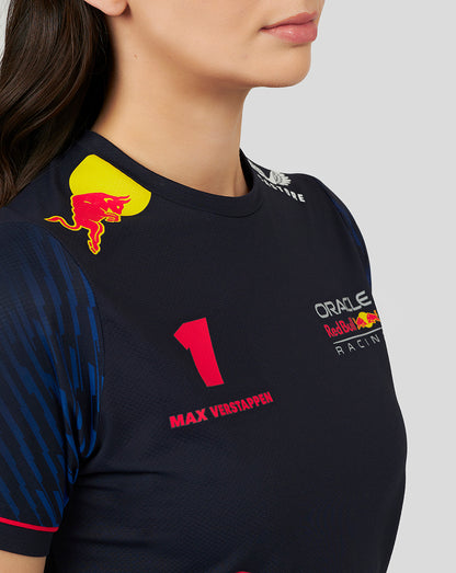 Navy Oracle Red Bull Racing women's T shirt featuring Max Verstappen number 1 and team logos on the chest