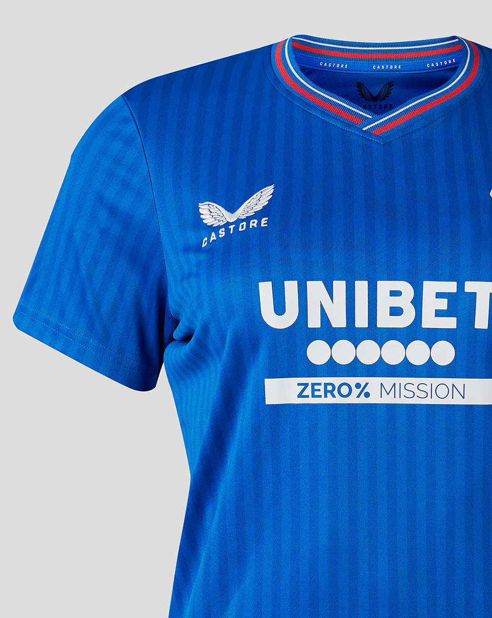 Front of blue Rangers home shirt with UNIBET sponsor across chest and Castore logo on left chest.
