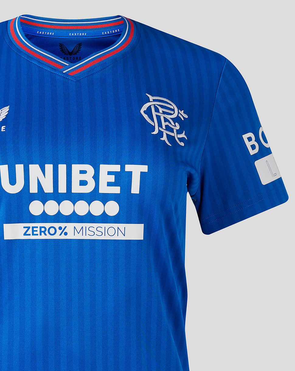 Rangers Women's 23/24 Home Shirt in blue with subtle stripes crest on chest and UNIBET sponsor
