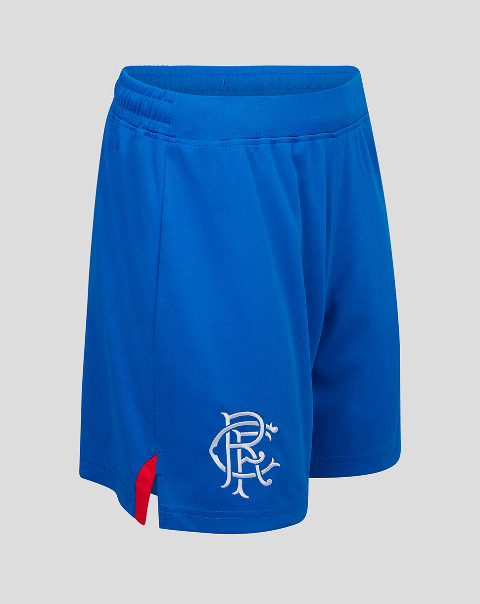 Side view of blue Rangers Women’s Away Shorts showing the elastic waistband and red hem vent