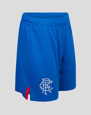 Side view of blue Rangers Women’s Away Shorts showing the elastic waistband and red hem vent