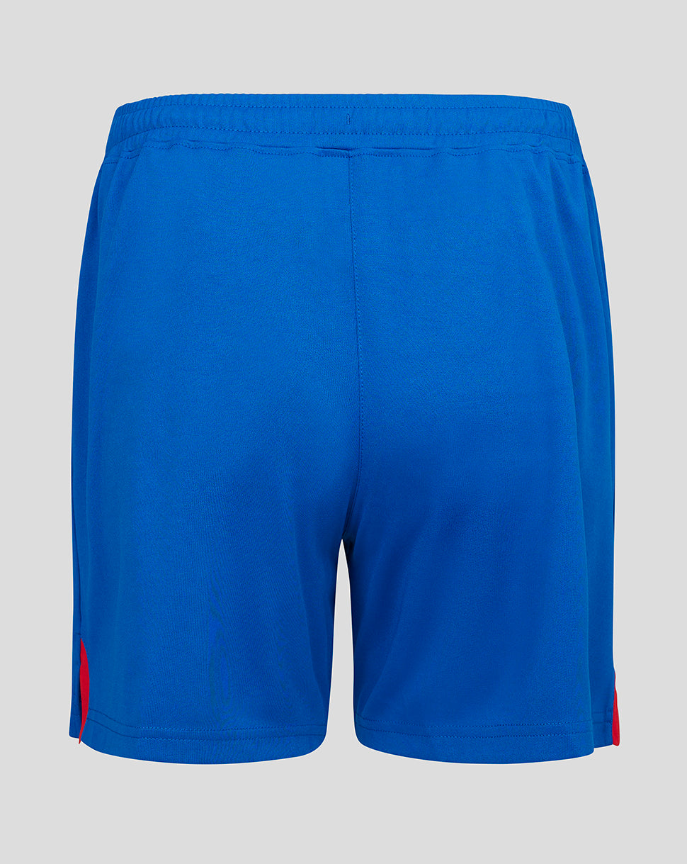 Back view of blue Rangers Women’s Away Shorts with crest on the left leg and red hem vent