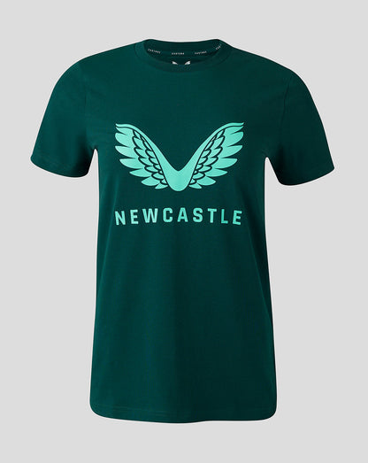 Front view of a dark green Newcastle United 23/24 Travel Logo T Shirt with teal wing logo and Newcastle text