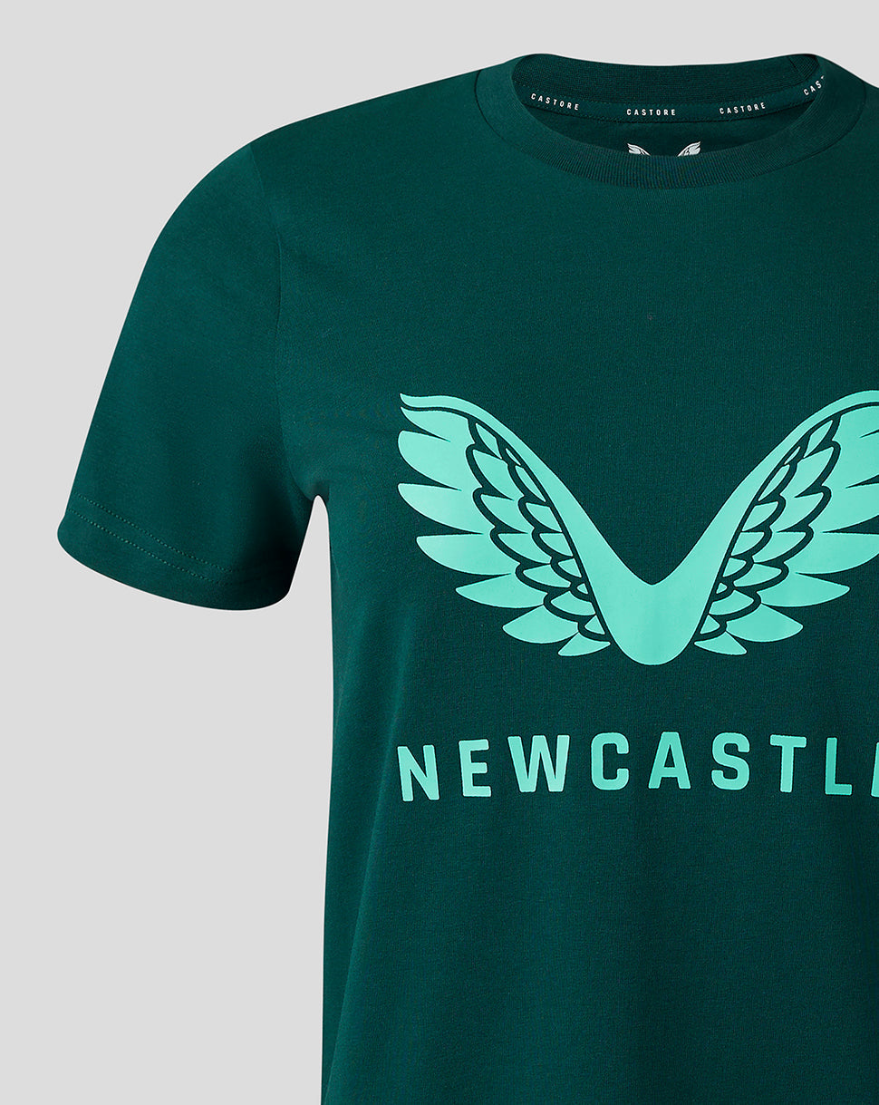 Green Newcastle United travel logo T shirt close up of chest with mint wing emblem and Newcastle text