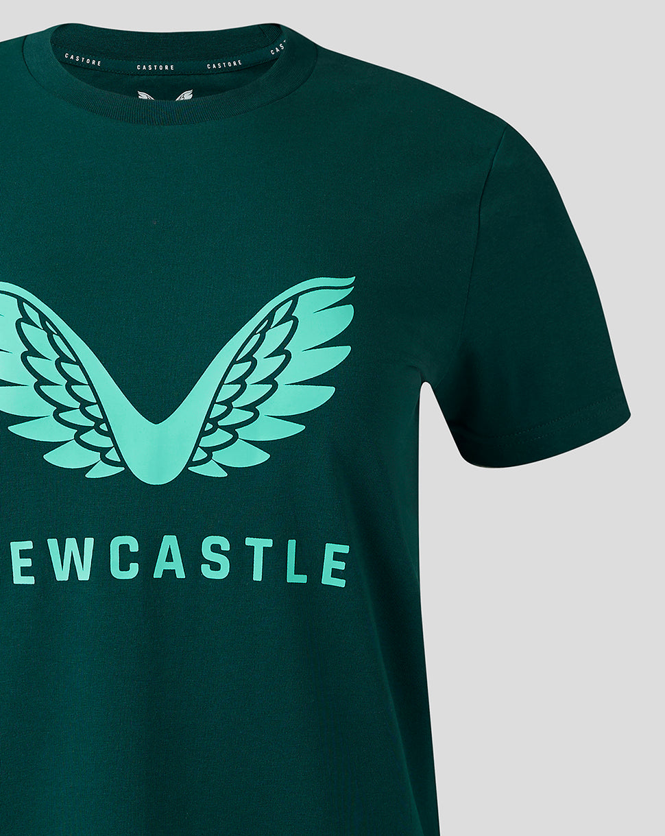 Front view of green NUFC travel logo T shirt showing large mint wings and the Newcastle wordmark