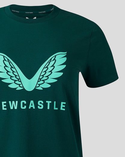 Front view of green NUFC travel logo T shirt showing large mint wings and the Newcastle wordmark