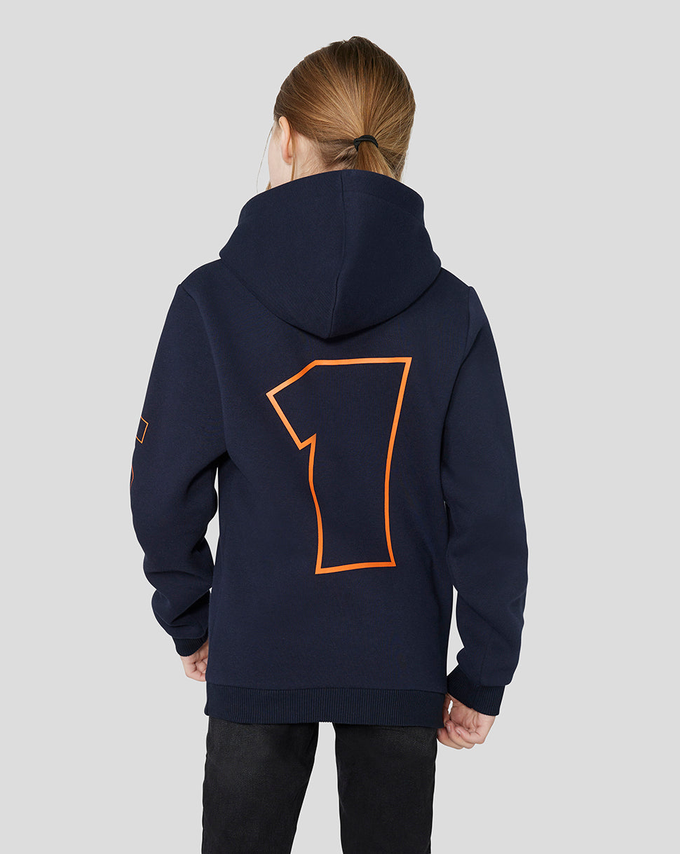 Back view of a navy Junior Oracle Red Bull Racing hoodie with a large orange outlined number seven on the back