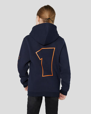 Back view of a navy Junior Oracle Red Bull Racing hoodie with a large orange outlined number seven on the back