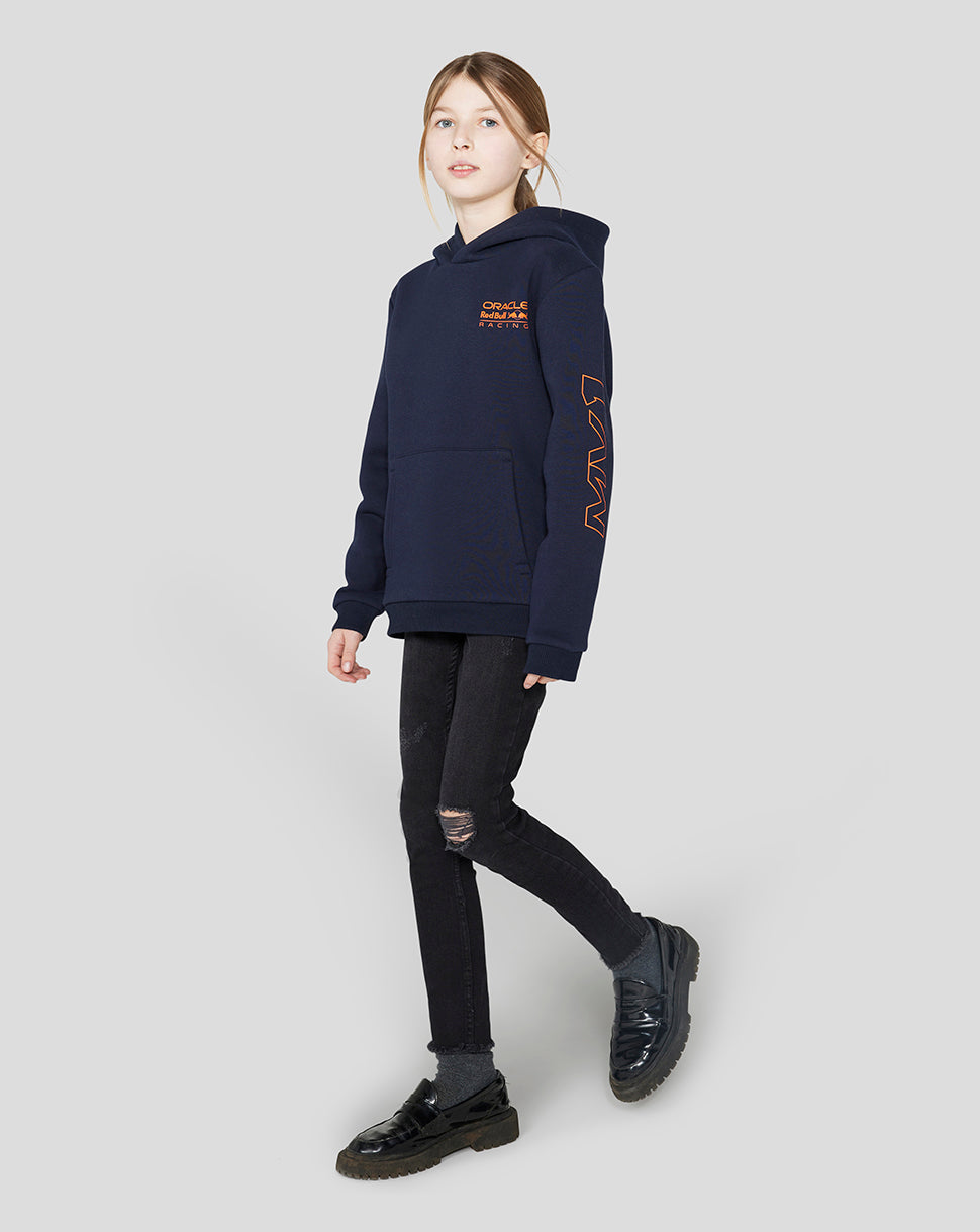 Side view of navy Junior Oracle Red Bull Racing hoodie showing the chest logo and orange graphic on the sleeve