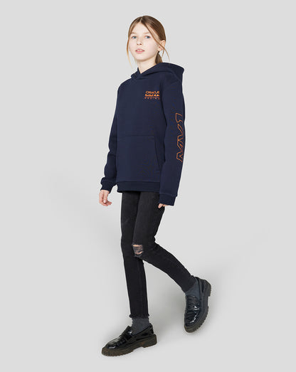 Side view of navy Junior Oracle Red Bull Racing hoodie showing the chest logo and orange graphic on the sleeve