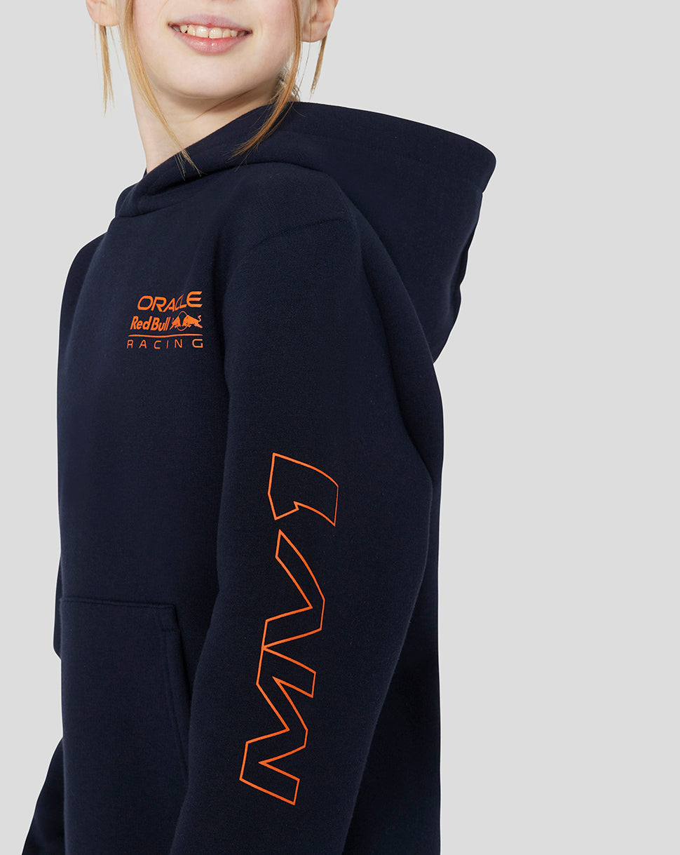 Side view of a navy hoodie showing the orange Oracle Red Bull Racing logo on the chest.