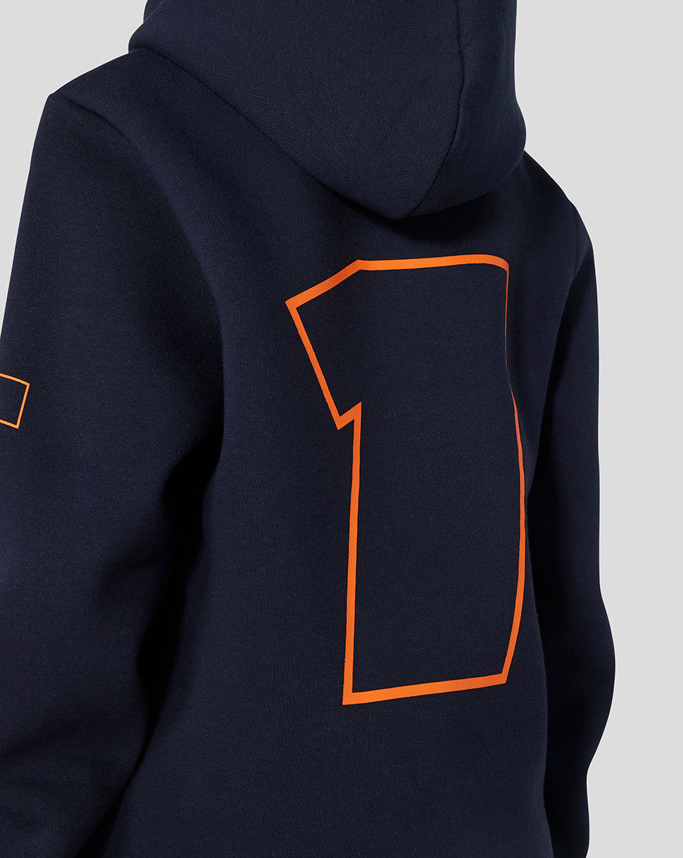 Rear view of navy junior hoodie with a large orange outlined number one on the back and a hood.