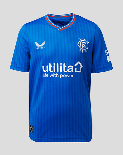 Front view of blue Rangers junior 23/24 home shirt with vertical stripes, crest and UNIBET sponsor