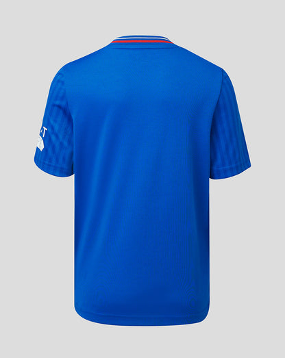 Back view of blue Rangers Junior 23/24 Home Shirt with subtle stripes and a ribbed collar