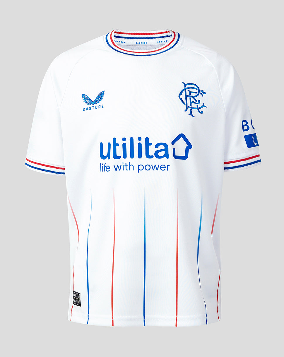 Front view of white Rangers Junior Away Shirt with club crest Castore branding and utilita sponsor