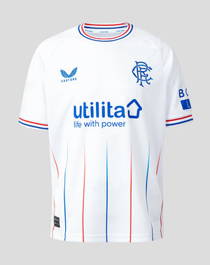 Front view of white Rangers Junior Away Shirt with club crest Castore branding and utilita sponsor